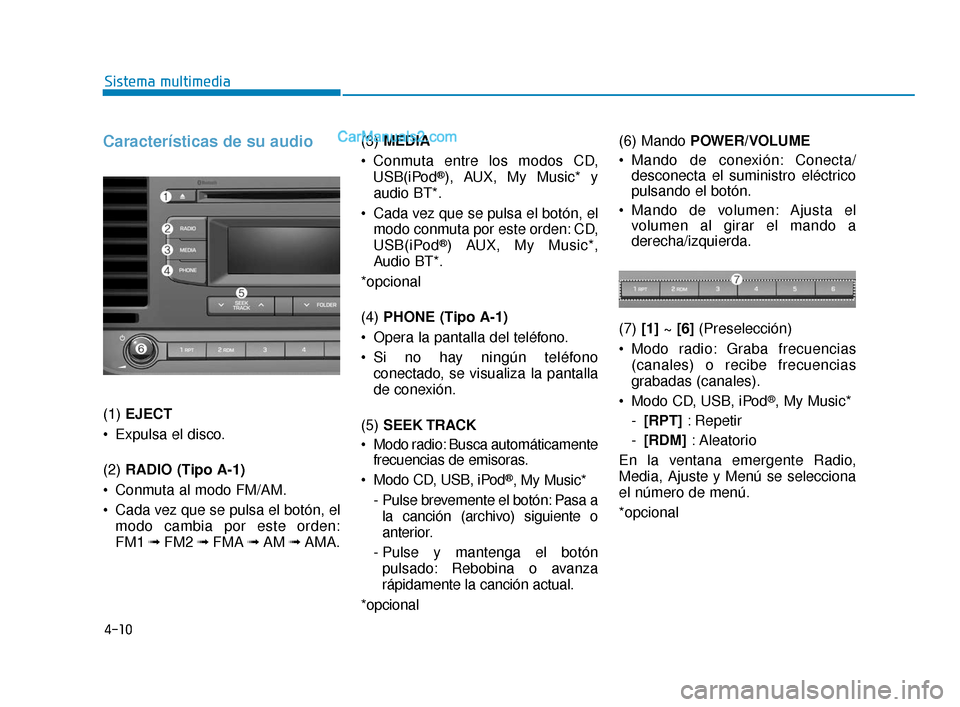 Hyundai Elantra 2018  Manual del propietario (in Spanish) 4-10
Sistema multimedia
Características de su audio
(1) EJECT 
 Expulsa el disco.
(2)  RADIO (Tipo A-1)
 Conmuta al modo FM/AM.
 Cada vez que se pulsa el botón, el modo cambia por este orden:
FM1  �