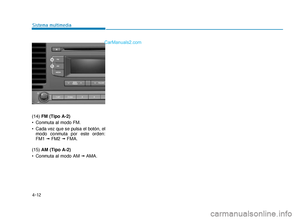 Hyundai Elantra 2018  Manual del propietario (in Spanish) 4-12
Sistema multimedia
(14)  FM (Tipo A-2)
 Conmuta al modo FM.
 Cada vez que se pulsa el botón, el modo conmuta por este orden:
FM1  ➟ FM2  ➟ FMA.
(15)  AM (Tipo A-2)
 Conmuta al modo AM  ➟AM