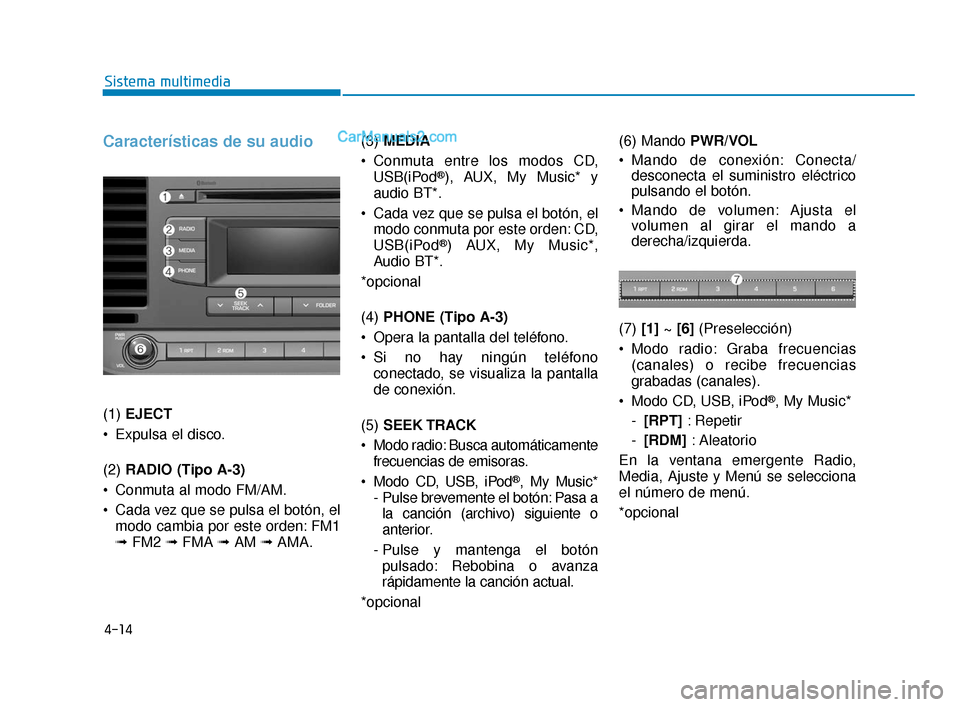 Hyundai Elantra 2018  Manual del propietario (in Spanish) 4-14
Sistema multimedia
Características de su audio
(1) EJECT 
 Expulsa el disco.
(2)  RADIO (Tipo A-3)
 Conmuta al modo FM/AM.
 Cada vez que se pulsa el botón, el modo cambia por este orden: FM1
�