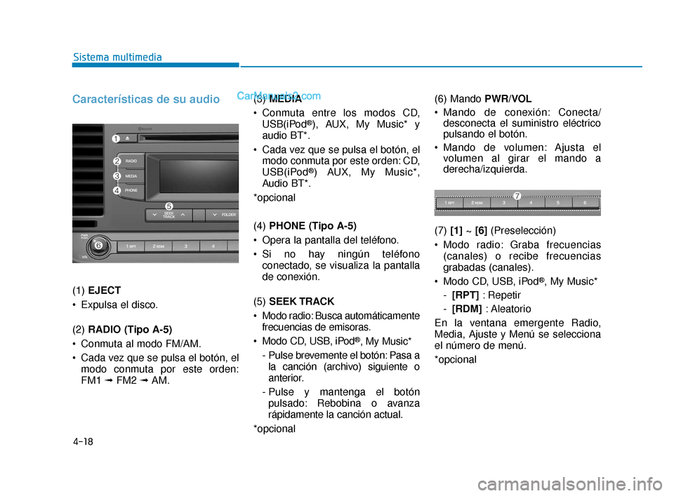 Hyundai Elantra 2018  Manual del propietario (in Spanish) 4-18
Sistema multimedia
Características de su audio
(1) EJECT 
 Expulsa el disco.
(2)  RADIO (Tipo A-5)
 Conmuta al modo FM/AM.
 Cada vez que se pulsa el botón, el modo conmuta por este orden:
FM1  