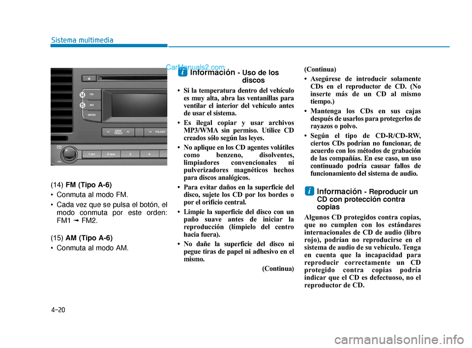 Hyundai Elantra 2018  Manual del propietario (in Spanish) 4-20
Sistema multimedia
(14)  FM (Tipo A-6)
 Conmuta al modo FM.
 Cada vez que se pulsa el botón, el modo conmuta por este orden:
FM1  ➟ FM2.
(15)  AM (Tipo A-6)
 Conmuta al modo AM.
Información -