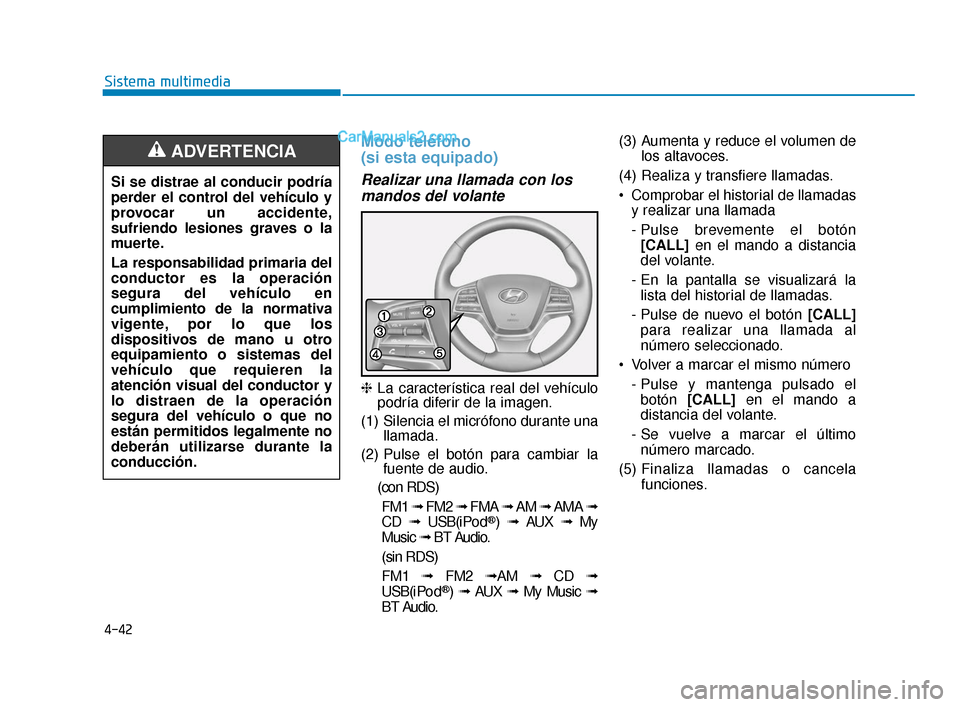 Hyundai Elantra 2018  Manual del propietario (in Spanish) 4-42
Sistema multimedia
Modo teléfono 
(si esta equipado)
Realizar una llamada con losmandos del volante
❈ La característica real del vehículo
podría diferir de la imagen.
(1) Silencia el micró