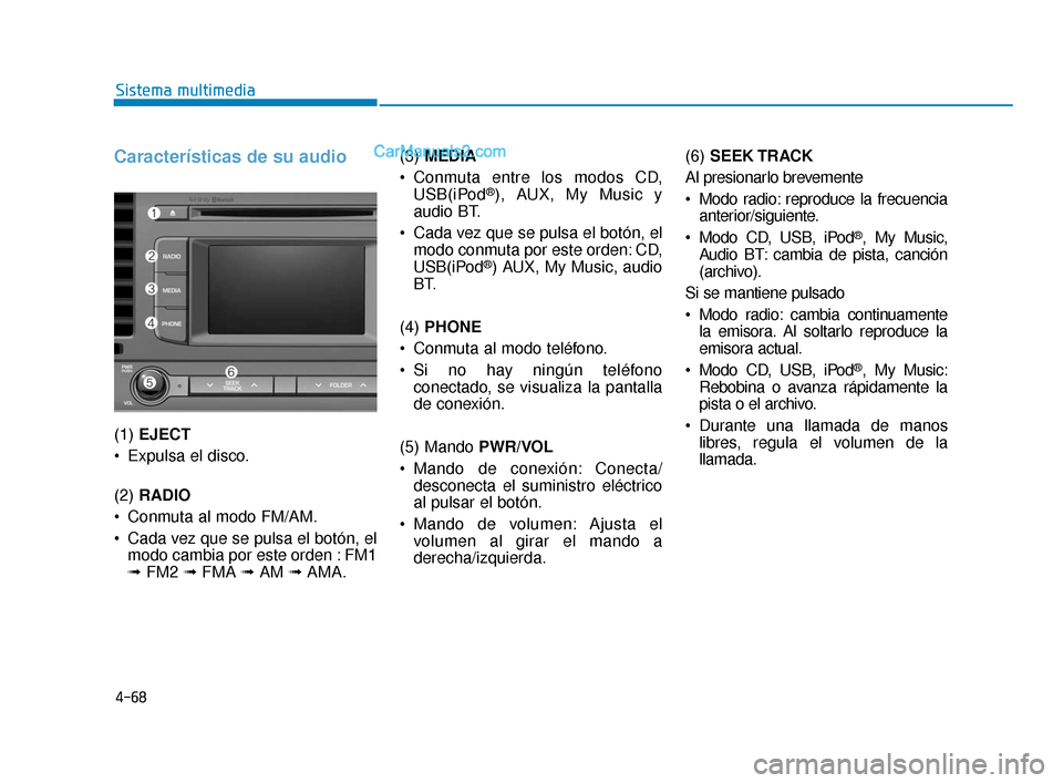 Hyundai Elantra 2018  Manual del propietario (in Spanish) 4-68
Sistema multimedia
Características de su audio
(1) EJECT
 Expulsa el disco.
(2)  RADIO
 Conmuta al modo FM/AM.
 Cada vez que se pulsa el botón, el modo cambia por este orden : FM1
➟ FM2  ➟F