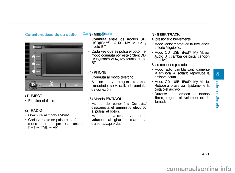 Hyundai Elantra 2018  Manual del propietario (in Spanish) 4-71
Sistema multimedia
4
Características de su audio
(1) EJECT
 Expulsa el disco.
(2)  RADIO
 Conmuta al modo FM/AM.
 Cada vez que se pulsa el botón, el modo conmuta por este orden:
FM1  ➟FM2  