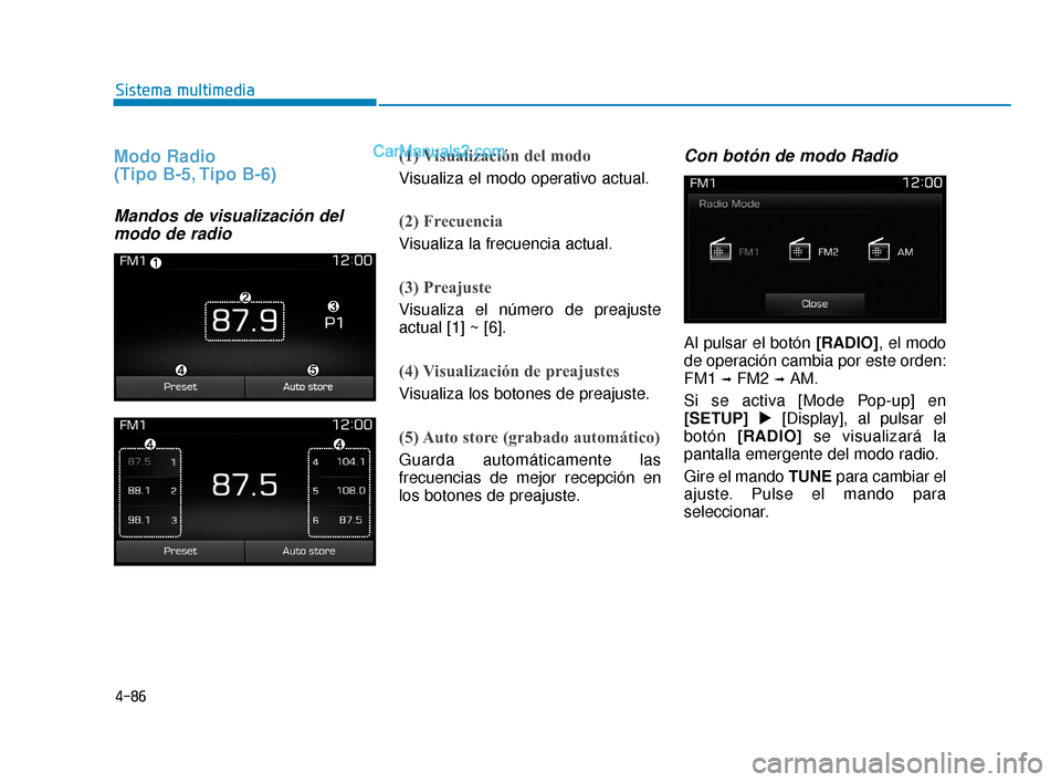 Hyundai Elantra 2018  Manual del propietario (in Spanish) 4-86
Sistema multimedia
Modo Radio 
(Tipo B-5, Tipo B-6)
Mandos de visualización delmodo de radio
(1) Visualización del modo
Visualiza el modo operativo actual.
(2) Frecuencia
Visualiza la frecuenci