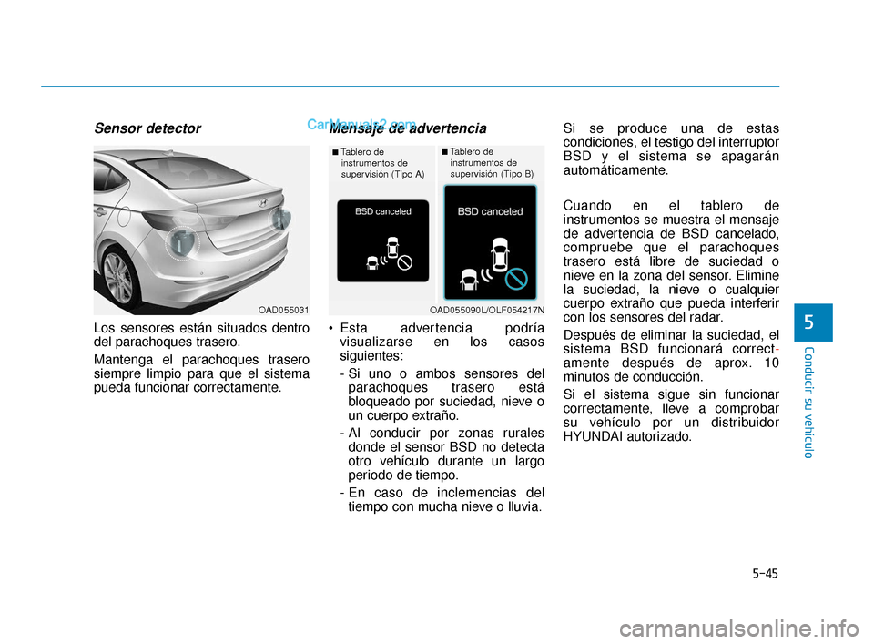 Hyundai Elantra 2018  Manual del propietario (in Spanish) 5-45
Conducir su vehículo
5
Sensor detector
Los sensores están situados dentro
del parachoques trasero.
Mantenga el parachoques trasero
siempre limpio para que el sistema
pueda funcionar correctamen