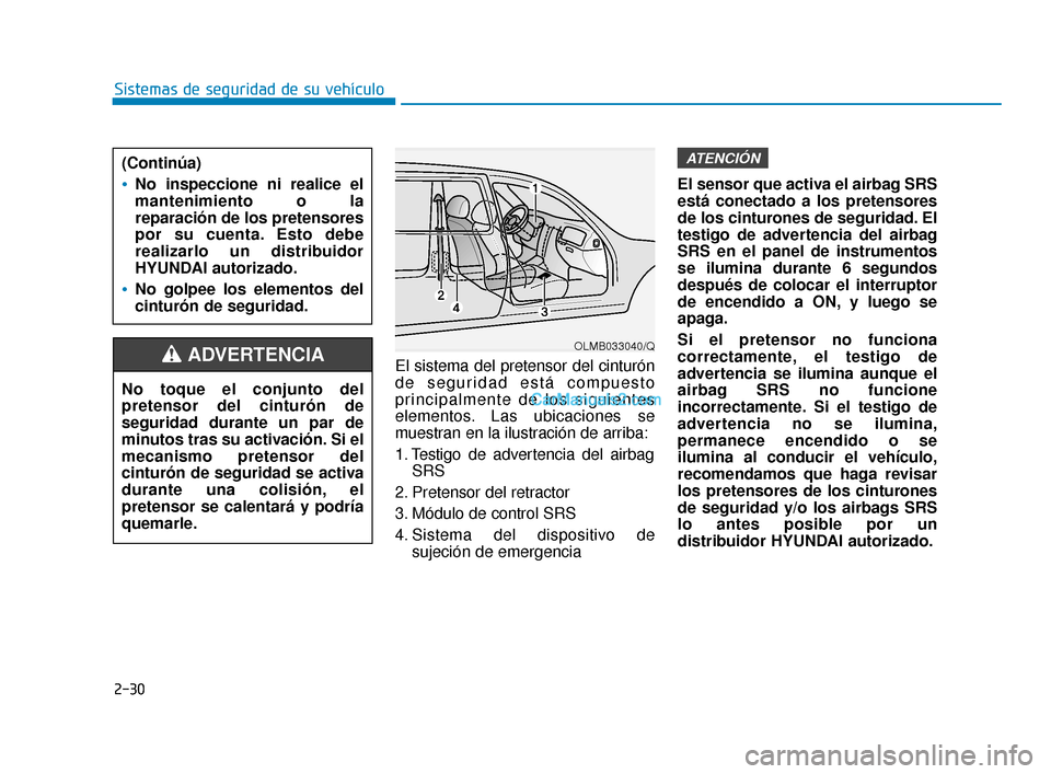 Hyundai Elantra 2018  Manual del propietario (in Spanish) 2-30
Sistemas de seguridad de su vehículoEl sistema del pretensor del cinturón
de seguridad está compuesto
principalmente de los siguientes
elementos. Las ubicaciones se
muestran en la ilustración