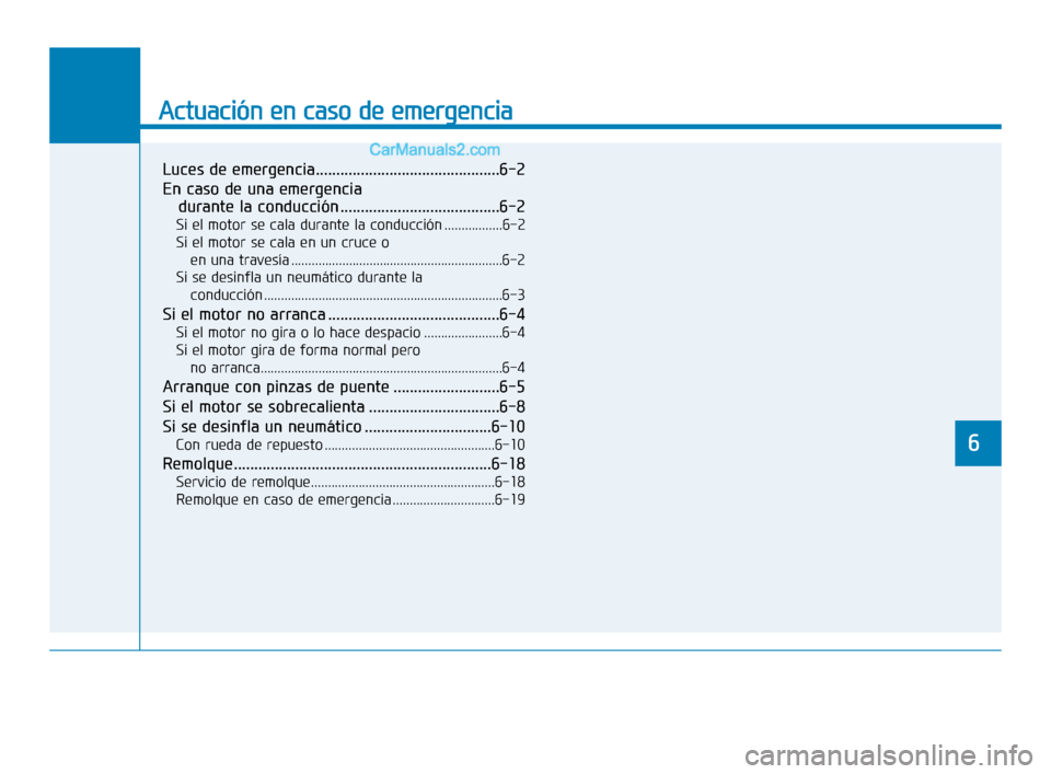 Hyundai Elantra 2018  Manual del propietario (in Spanish) Actuación en caso de emergencia
6
Luces de emergencia.............................................6-2
En caso de una emergencia durante la conducción .......................................6-2
Si el
