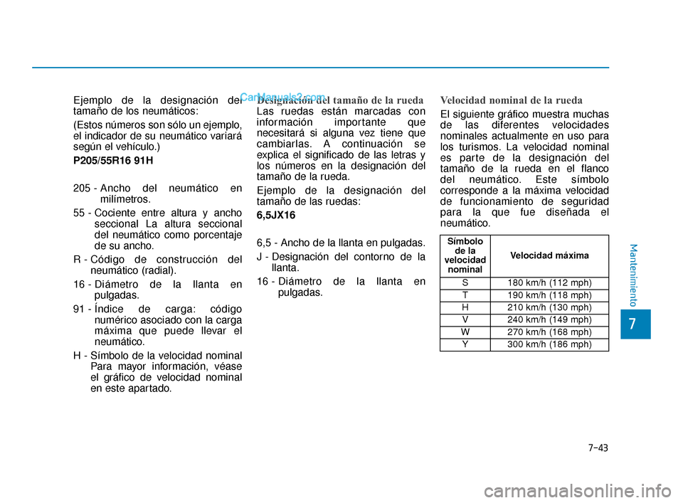 Hyundai Elantra 2018  Manual del propietario (in Spanish) 7-43
7
Mantenimiento
Ejemplo de la designación del
tamaño de los neumáticos:
(Estos números son sólo un ejemplo,
el indicador de su neumático variará
según el vehículo.)
P205/55R16 91H
205 - 