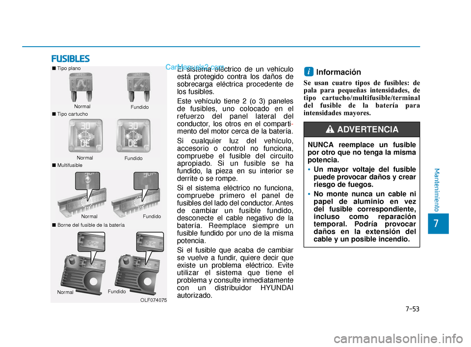 Hyundai Elantra 2018 Manual del propietario (in Spanish) 7-53
7
Mantenimiento
F
FU
U S
SI
IB
B L
LE
E S
S
El sistema eléctrico de un vehículo
está protegido contra los daños de
sobrecarga eléctrica procedente de
los fusibles.
Este vehículo tiene 2 (o Hyundai Elantra 2018 Manual del propietario (in Spanish) 7-53
7
Mantenimiento
F
FU
U S
SI
IB
B L
LE
E S
S
El sistema eléctrico de un vehículo
está protegido contra los daños de
sobrecarga eléctrica procedente de
los fusibles.
Este vehículo tiene 2 (o