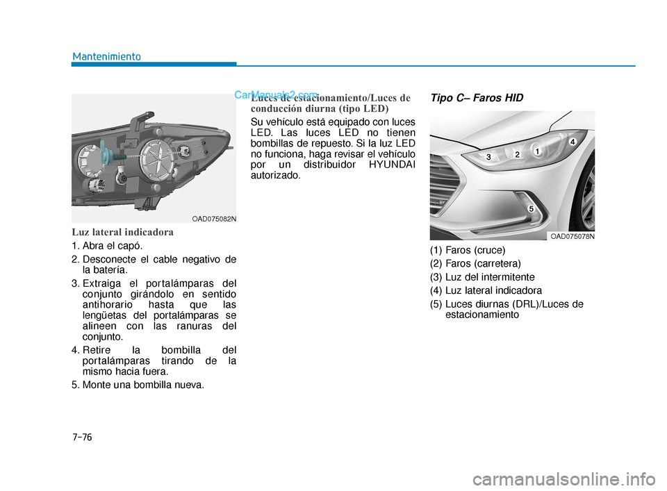 Hyundai Elantra 2018  Manual del propietario (in Spanish) 7-76
Mantenimiento
Luz lateral indicadora
1. Abra el capó.
2. Desconecte el cable negativo dela batería.
3. Extraiga el portalámparas del conjunto girándolo en sentido
antihorario hasta que las
le