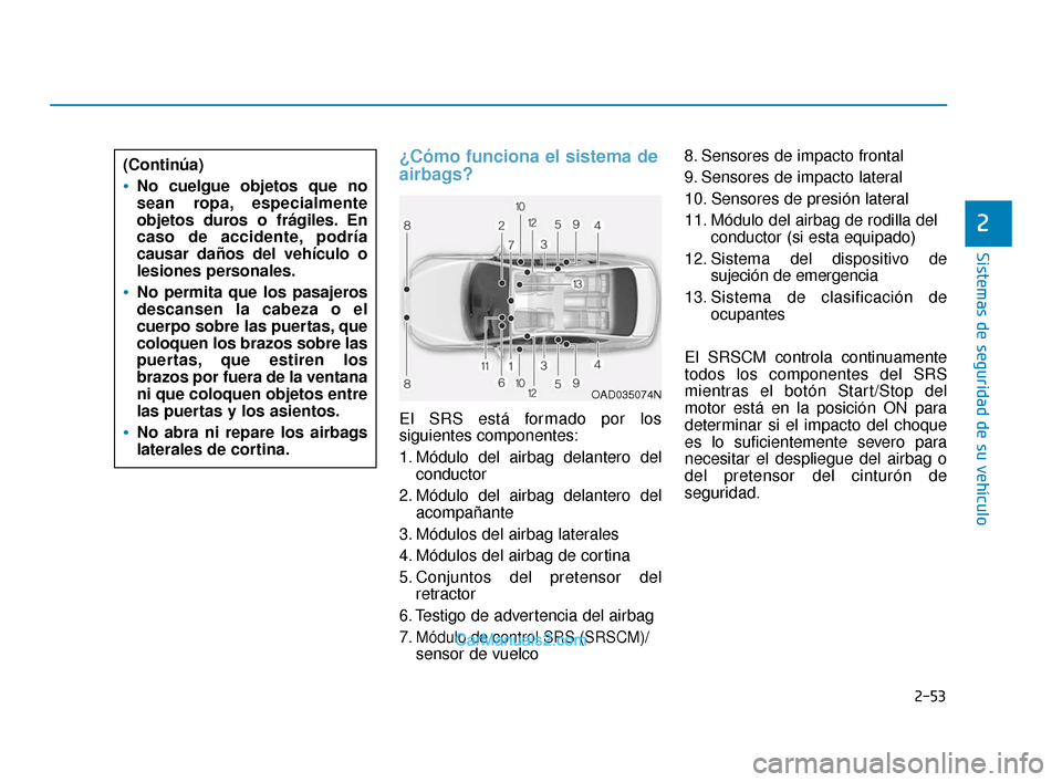 Hyundai Elantra 2018  Manual del propietario (in Spanish) 2-53
Sistemas de seguridad de su vehículo
2
¿Cómo funciona el sistema de
airbags? 
El SRS está formado por los
siguientes componentes:
1. Módulo del airbag delantero delconductor
2. Módulo del a