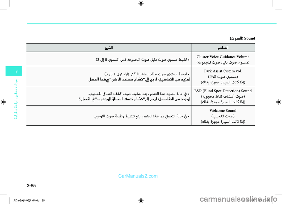 Hyundai Elantra 2018  دليل المالك 3-85
3
ةبكرلماب
.ةحارلا
.قيقحت
.تازيم
رصانعلا
حرشلا
Cluster.Voice.Guidance.Volume.
)ةعومجلما.توص.ليلد.توص.ىوتسم()3.لىإ.0.ىوتسلما.ن