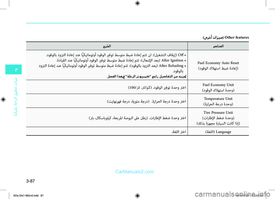 Hyundai Elantra 2018  دليل المالك 3-87
3
ةبكرلماب
.ةحارلا
.قيقحت
.تازيم
)ىرخأ تازيم( Other features
رصانعلا
حرشلا
.Fuel.Economy.Auto.Reset.
)دوقولا.كلاهتسا.طبض.ةداعإ(
.