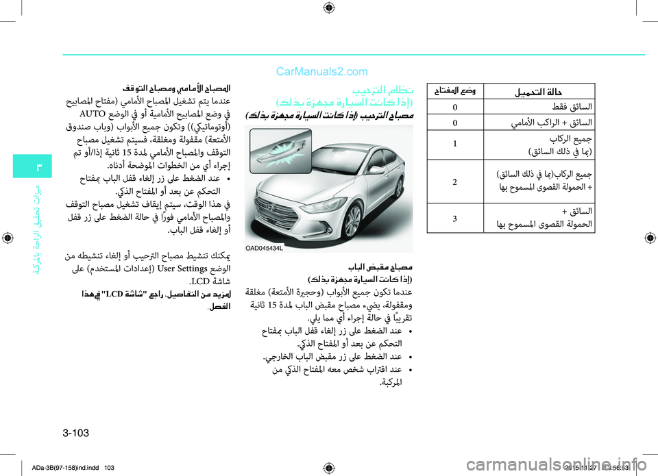 Hyundai Elantra 2018 دليل المالك 3-103
3
ةبكرلماب ةحارلا قيقحت تازيم
0
0
1
3
2
ليمحتلا ةلاح
طقف قئاسلا
يماملأا بكارلا + قئاسلا باكرلا عيمج
)قئاسلا ك Hyundai Elantra 2018 دليل المالك 3-103
3
ةبكرلماب ةحارلا قيقحت تازيم
0
0
1
3
2
ليمحتلا ةلاح
طقف قئاسلا
يماملأا بكارلا + قئاسلا باكرلا عيمج
)قئاسلا ك