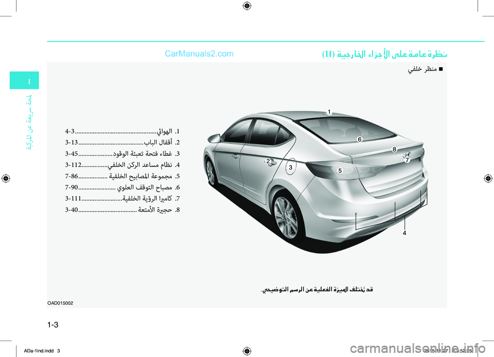 Hyundai Elantra 2018  دليل المالك 1
ةبكرلما
.نع
.ةع\fسر
.ةحلم
1-3
OAD015002
4-3...................\ع...............................\ع. ئياوهلا ..1
3-13 ...................\ع...................... بابلا
