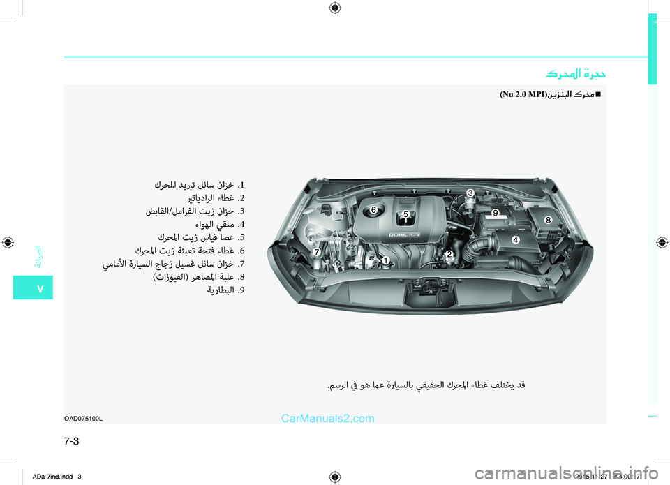 Hyundai Elantra 2018  دليل المالك 7-3
7
ةضنمايصلا
OAD075100L
كرلمحا ةرجح
)Nu 2.0 MPI(نيزنبلا كرمح n
كضlحلما.ديبرت . لئاس. نازخ..1
.يرتايداضlلا.ءاطغ..2
ضباقلا/لما