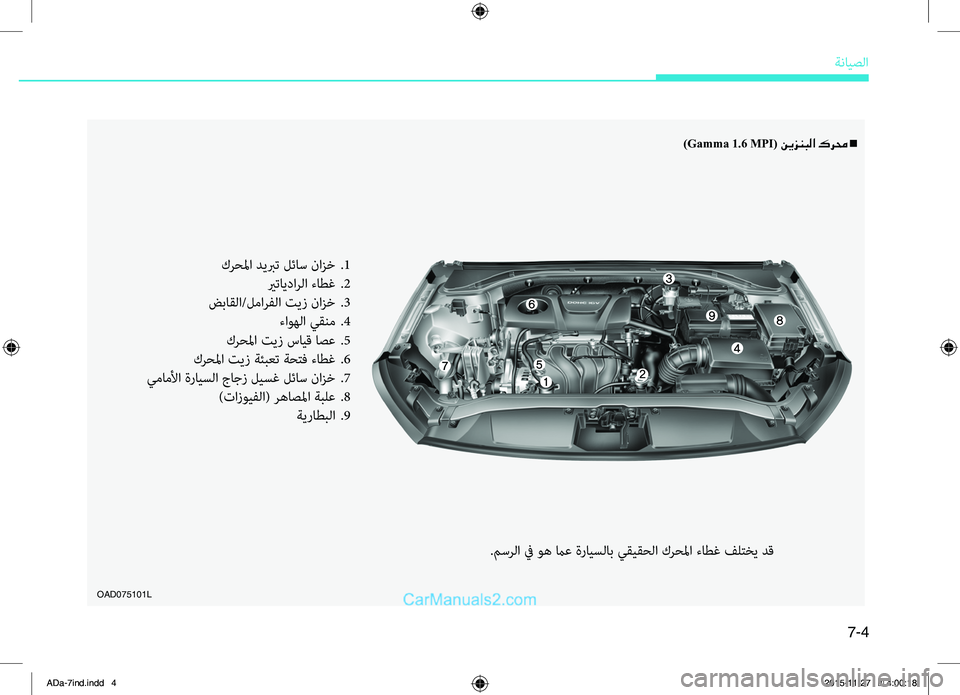 Hyundai Elantra 2018  دليل المالك 7-4
ةضنمايصلا
OAD075101L
)Gamma 1.6 MPI( نيزنبلا كرمح n
كضlحلما.ديبرت . لئاس. نازخ..1
.يرتايداضlلا.ءاطغ..2
ضباقلا/لماضlفلا.تيز . ن
