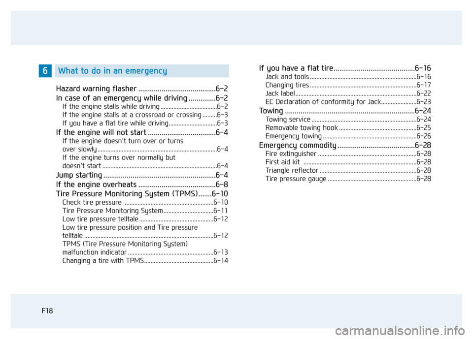 Hyundai Elantra 2017  Owners Manual F18
Hazard warning flasher ........................................6-2
In case of an emergency while driving ..............6-2
If the engine stalls while driving ...................................6-2