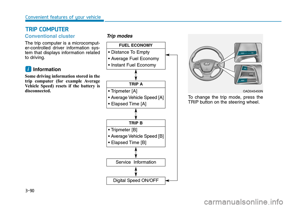 Hyundai Elantra 2017  Owners Manual 3-90
Convenient features of your vehicle
Conventional cluster   
The trip computer is a microcomput-
er-controlled driver information sys-
tem that displays information related
to driving.
Information