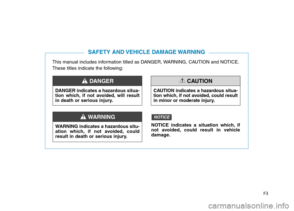 Hyundai Elantra 2017  Owners Manual F3
This manual includes information titled as DANGER, WARNING, CAUTION and NOTICE.
These titles indicate the following:
SAFETY AND VEHICLE DAMAGE WARNING
DANGER indicates a hazardous situa-
tion which