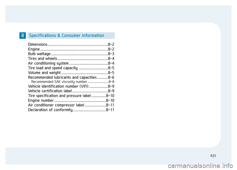 Hyundai Elantra 2017  Owners Manual F21F21
Dimensions ..............................................................8-2
Engine ......................................................................8-2
Bulb wattage ......................