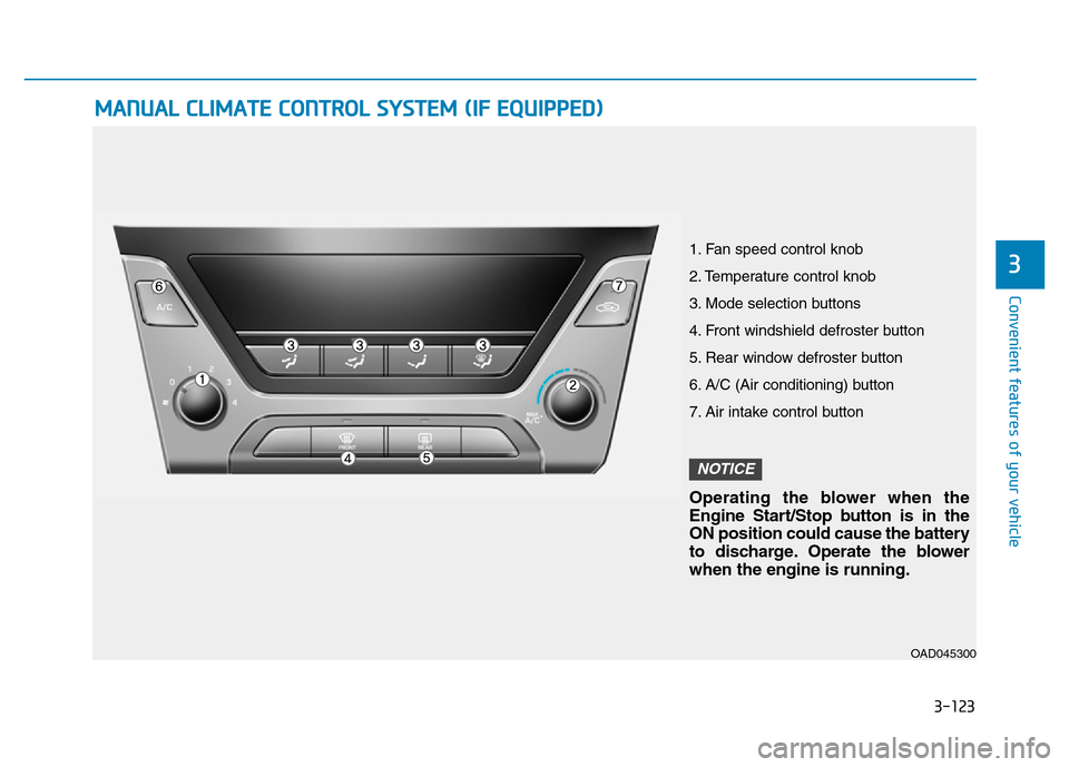 Hyundai Elantra 2017  Owners Manual 3-123
Convenient features of your vehicle
3
MANUAL CLIMATE CONTROL SYSTEM (IF EQUIPPED)
OAD045300
1. Fan speed control knob
2. Temperature control knob
3. Mode selection buttons
4. Front windshield de