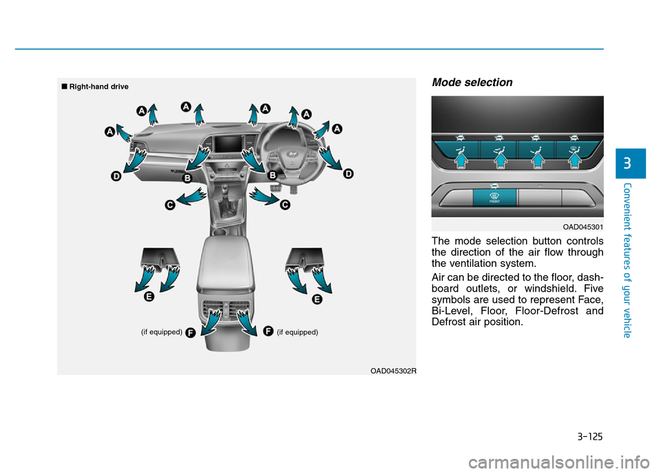Hyundai Elantra 2017 Owners Manual 3-125
Convenient features of your vehicle
3
Mode selection
The mode selection button controls
the direction of the air flow through
the ventilation system.
Air can be directed to the floor, dash-
boar Hyundai Elantra 2017 Owners Manual 3-125
Convenient features of your vehicle
3
Mode selection
The mode selection button controls
the direction of the air flow through
the ventilation system.
Air can be directed to the floor, dash-
boar