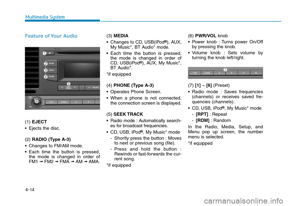 Hyundai Elantra 2017 Owners Manual 4-14
Multimedia System
Feature of Your Audio
(1) EJECT
• Ejects the disc.
(2) RADIO (Type A-3)
• Changes to FM/AM mode.
• Each time the button is pressed,
the mode is changed in order of
FM1 Hyundai Elantra 2017 Owners Manual 4-14
Multimedia System
Feature of Your Audio
(1) EJECT
• Ejects the disc.
(2) RADIO (Type A-3)
• Changes to FM/AM mode.
• Each time the button is pressed,
the mode is changed in order of
FM1