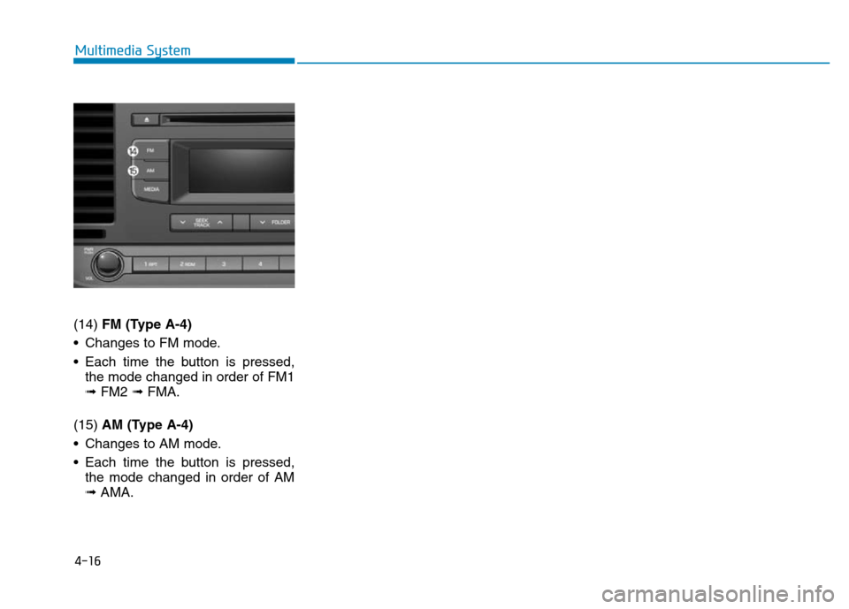 Hyundai Elantra 2017 Owners Manual 4-16
Multimedia System
(14) FM (Type A-4)
• Changes to FM mode.
• Each time the button is pressed,
the mode changed in order of FM1
➟ FM2 ➟FMA.
(15) AM (Type A-4)
• Changes to AM mode.
• E Hyundai Elantra 2017 Owners Manual 4-16
Multimedia System
(14) FM (Type A-4)
• Changes to FM mode.
• Each time the button is pressed,
the mode changed in order of FM1
➟ FM2 ➟FMA.
(15) AM (Type A-4)
• Changes to AM mode.
• E