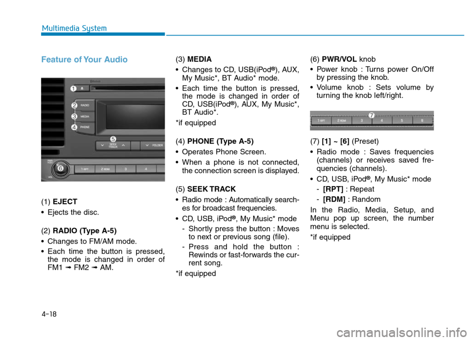 Hyundai Elantra 2017 Owners Manual 4-18
Multimedia System
Feature of Your Audio
(1) EJECT
• Ejects the disc.
(2) RADIO (Type A-5)
• Changes to FM/AM mode.
• Each time the button is pressed,
the mode is changed in order of
FM1 Hyundai Elantra 2017 Owners Manual 4-18
Multimedia System
Feature of Your Audio
(1) EJECT
• Ejects the disc.
(2) RADIO (Type A-5)
• Changes to FM/AM mode.
• Each time the button is pressed,
the mode is changed in order of
FM1