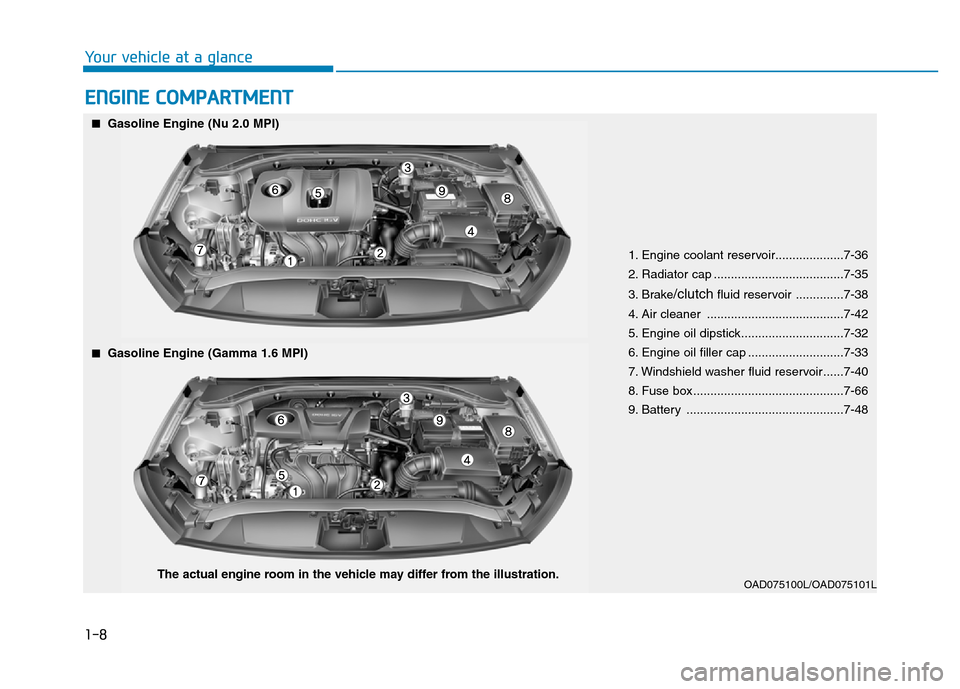 Hyundai Elantra 2017  Owners Manual ENGINE COMPARTMENT
1-8
Your vehicle at a glance
OAD075100L/OAD075101L
■Gasoline Engine (Nu 2.0 MPI)
1. Engine coolant reservoir....................7-36
2. Radiator cap ..............................