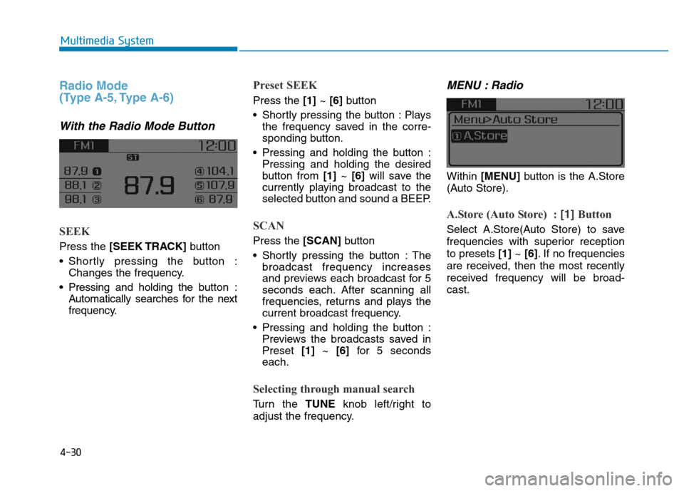 Hyundai Elantra 2017  Owners Manual 4-30
Multimedia System
Radio Mode
(Type A-5, Type A-6)
With the Radio Mode Button
SEEK
Press the [SEEK TRACK]button
• Shortly pressing the button :
Changes the frequency.
• Pressing and holding th