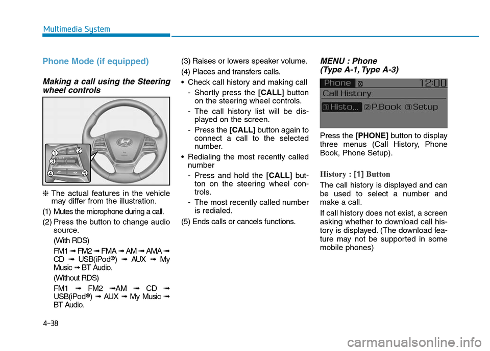 Hyundai Elantra 2017  Owners Manual 4-38
Multimedia System
Phone Mode (if equipped)
Making a call using the Steering
wheel controls
❈The actual features in the vehicle
may differ from the illustration.
(1) Mutes the microphone during 