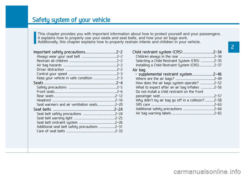 Hyundai Elantra 2017  Owners Manual Safety system of your vehicle
2
Important safety precautions...............................2-2
Always wear your seat belt  ..........................................2-2
Restrain all children .........