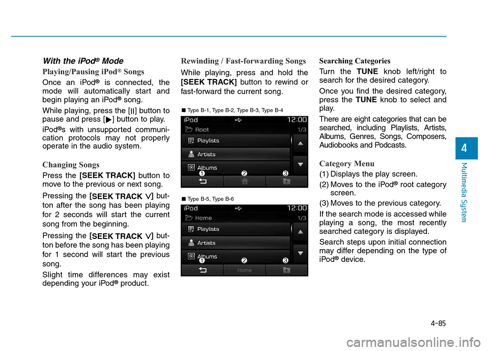 Hyundai Elantra 2017  Owners Manual 4-85
Multimedia System
4
With the iPod®Mode
Playing/Pausing iPod®Songs
Once an iPod®is connected, the
mode will automatically start and
begin playing an iPod
®song.
While playing, press the [
II] 