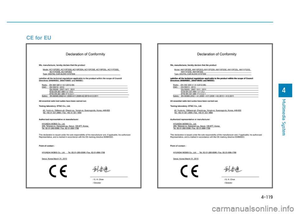 Hyundai Elantra 2017  Owners Manual 4-119
Multimedia System
4
CE for EU 