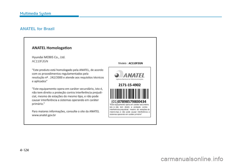 Hyundai Elantra 2017 Owners Manual 4-124
Multimedia System
ANATEL for Brazil Hyundai Elantra 2017 Owners Manual 4-124
Multimedia System
ANATEL for Brazil