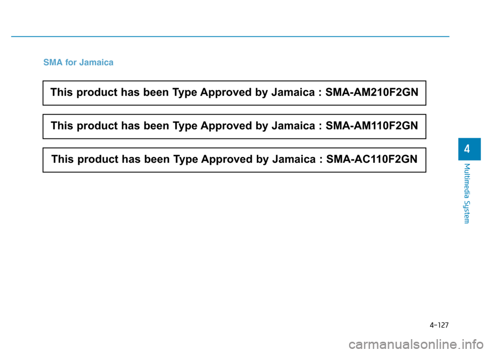 Hyundai Elantra 2017 Owners Manual 4-127
Multimedia System
4
SMA for Jamaica
This product has been Type Approved by Jamaica : SMA-AM210F2GN
This product has been Type Approved by Jamaica : SMA-AM110F2GN
This product has been Type Appro Hyundai Elantra 2017 Owners Manual 4-127
Multimedia System
4
SMA for Jamaica
This product has been Type Approved by Jamaica : SMA-AM210F2GN
This product has been Type Approved by Jamaica : SMA-AM110F2GN
This product has been Type Appro
