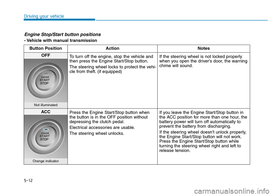 Hyundai Elantra 2017 Owners Manual 5-12
Driving your vehicle
Engine Stop/Start button positions
- Vehicle with manual transmission
Button Position Action Notes
OFF
To turn off the engine, stop the vehicle and
then press the Engine Sta Hyundai Elantra 2017 Owners Manual 5-12
Driving your vehicle
Engine Stop/Start button positions
- Vehicle with manual transmission
Button Position Action Notes
OFF
To turn off the engine, stop the vehicle and
then press the Engine Sta