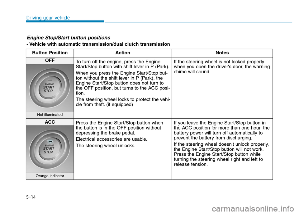 Hyundai Elantra 2017 Owners Manual 5-14
Driving your vehicle
Engine Stop/Start button positions
- Vehicle with automatic transmission/dual clutch transmission
Button Position Action Notes
OFF
To turn off the engine, press the Engine
S Hyundai Elantra 2017 Owners Manual 5-14
Driving your vehicle
Engine Stop/Start button positions
- Vehicle with automatic transmission/dual clutch transmission
Button Position Action Notes
OFF
To turn off the engine, press the Engine
S