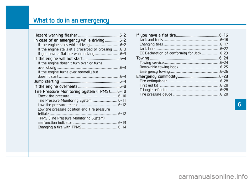 Hyundai Elantra 2017  Owners Manual What to do in an emergency
Hazard warning flasher ........................................6-2
In case of an emergency while driving ..............6-2
If the engine stalls while driving ...............