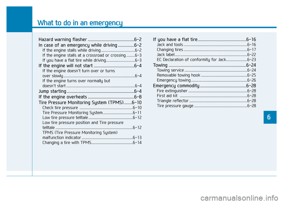 Hyundai Elantra 2017 User Guide What to do in an emergency
Hazard warning flasher ........................................6-2
In case of an emergency while driving ..............6-2
If the engine stalls while driving ...............