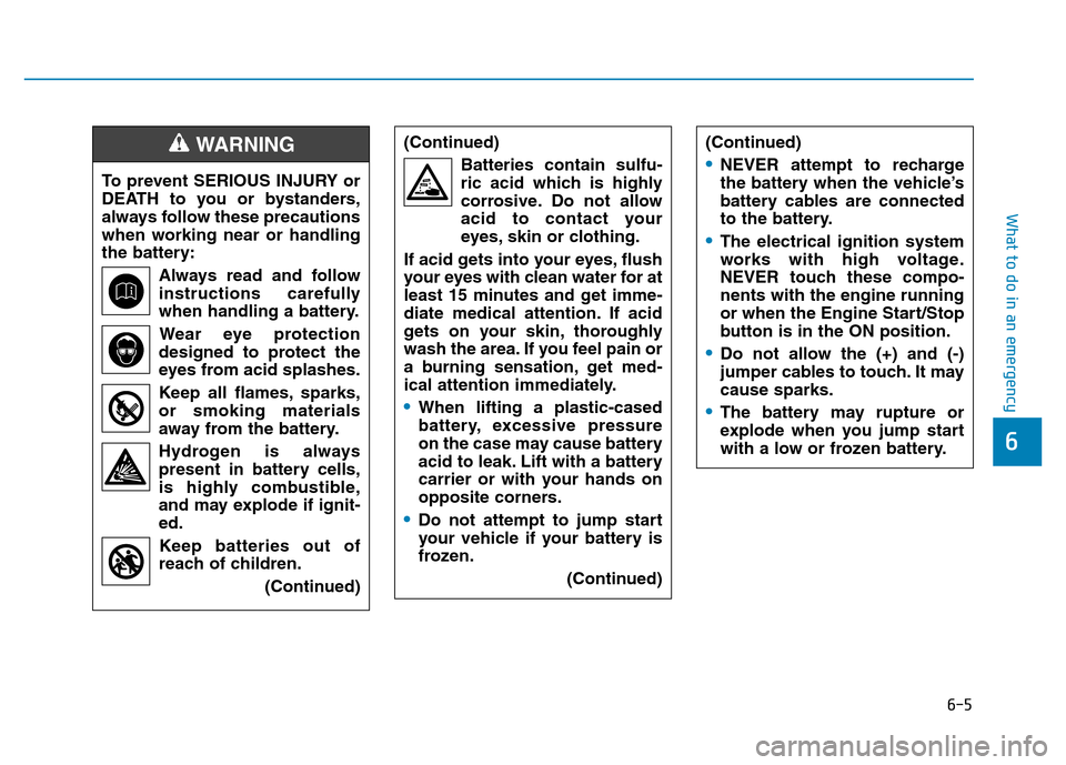Hyundai Elantra 2017  Owners Manual 6-5
What to do in an emergency
6
To prevent SERIOUS INJURY or
DEATH to you or bystanders,
always follow these precautions
when working near or handling
the battery:
Always read and follow
instructions