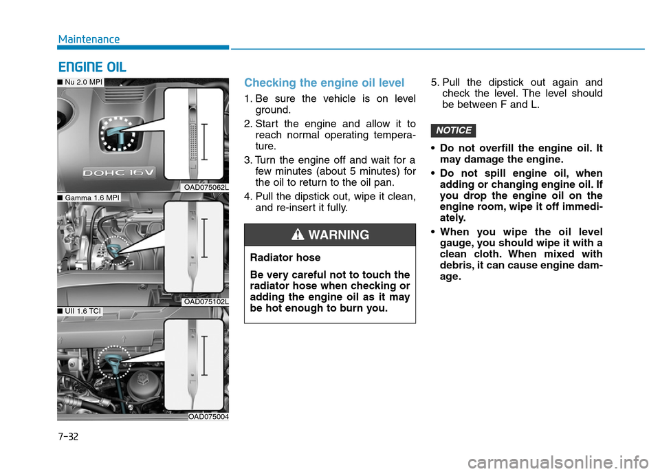 Hyundai Elantra 2017  Owners Manual 7-32
Maintenance
ENGINE OIL
Checking the engine oil level  
1. Be sure the vehicle is on level
ground.
2. Start the engine and allow it to
reach normal operating tempera-
ture.
3. Turn the engine off 