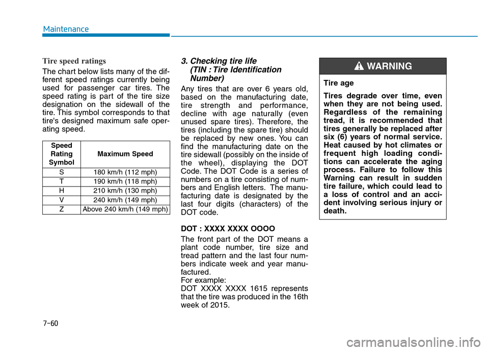 Hyundai Elantra 2017 Owners Manual 7-60
Maintenance
Tire speed ratings
The chart below lists many of the dif-
ferent speed ratings currently being
used for passenger car tires. The
speed rating is part of the tire size
designation on Hyundai Elantra 2017 Owners Manual 7-60
Maintenance
Tire speed ratings
The chart below lists many of the dif-
ferent speed ratings currently being
used for passenger car tires. The
speed rating is part of the tire size
designation on