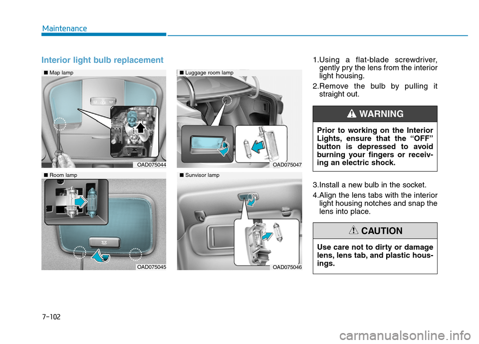 Hyundai Elantra 2017 Owners Manual 7-102
Maintenance
Interior light bulb replacement1.Using a flat-blade screwdriver,
gently pry the lens from the interior
light housing.
2.Remove the bulb by pulling it
straight out.
3.Install a new bu Hyundai Elantra 2017 Owners Manual 7-102
Maintenance
Interior light bulb replacement1.Using a flat-blade screwdriver,
gently pry the lens from the interior
light housing.
2.Remove the bulb by pulling it
straight out.
3.Install a new bu