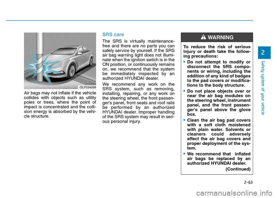 Hyundai Elantra 2017  Owners Manual 2-63
Safety system of your vehicle
2
Air bags may not inflate if the vehicle
collides with objects such as utility
poles or trees, where the point of
impact is concentrated and the colli-
sion energy 