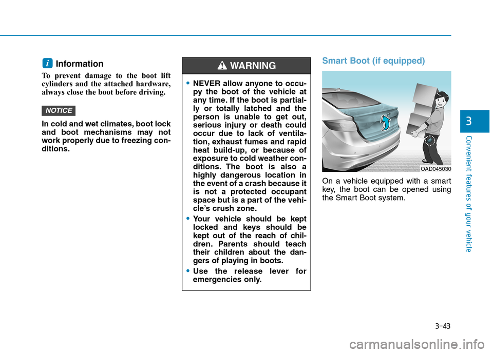 Hyundai Elantra 2017 Owners Manual - RHD (UK. Australia) 3-43
Convenient features of your vehicle
3
Information
To prevent damage to the boot lift
cylinders and the attached hardware,
always close the boot before driving.
In cold and wet climates Hyundai Elantra 2017 Owners Manual - RHD (UK. Australia) 3-43
Convenient features of your vehicle
3
Information
To prevent damage to the boot lift
cylinders and the attached hardware,
always close the boot before driving.
In cold and wet climates
