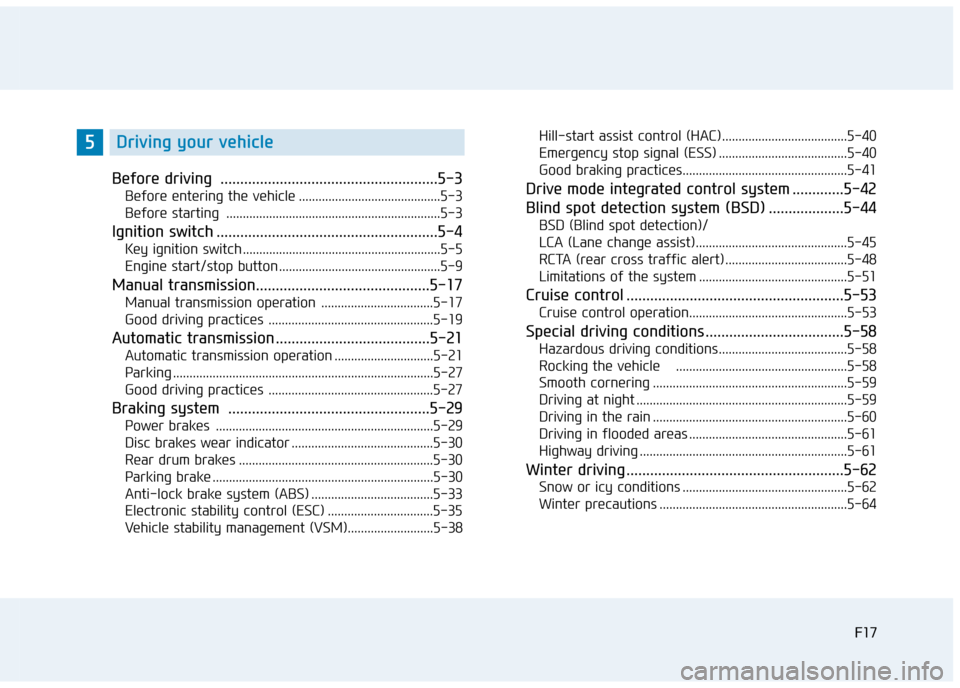 Hyundai Elantra 2017  Owners Manual - RHD (UK. Australia) F17F17
Before driving  .......................................................5-3
Before entering the vehicle ...........................................5-3
Before starting  ..........................